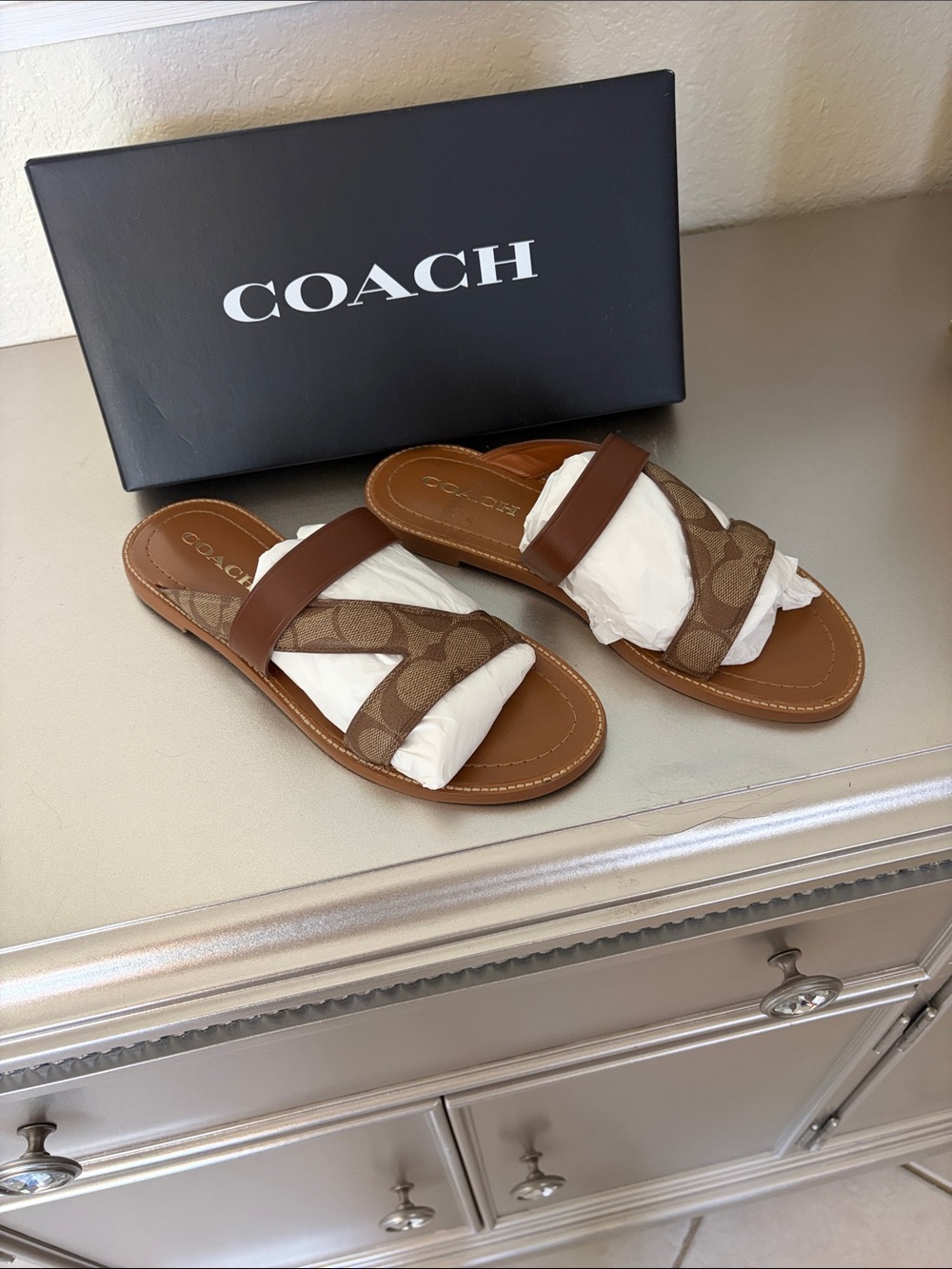 Coach Brown Signature Crisscross Slide Sandals